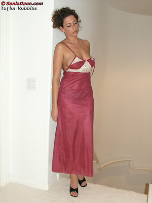 picture of a woman wearing a lacy nylon nightgown with stockings garter and high-heels
