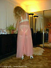 sheer pink nightgown, see-through panties, stockings, high-heels